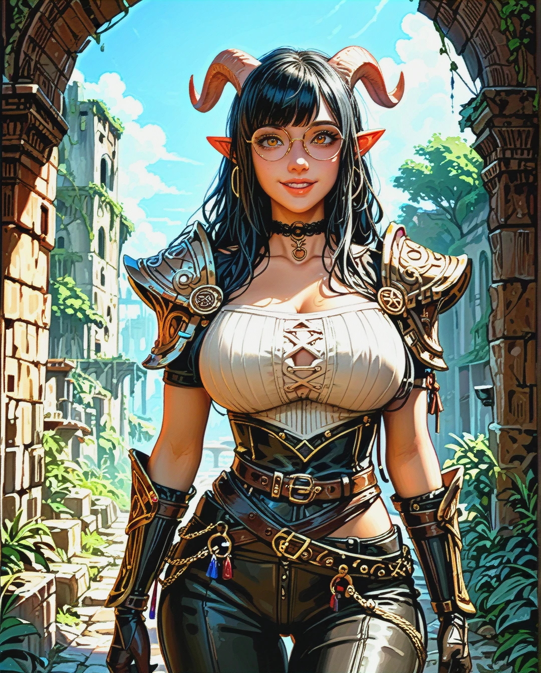 young sexy cute tiefling adventurer girl, skinny body, round glasses, big breasts, narrow waist, colored skin, young cute face, black hair, dark clothes, fantasy outfit, shirt, breastplte,  gloves, pants, leather bracers, wide belt, choker, sexy face, full lips, pointed nose, cute smile, dagger on hip, brick ruins (reach-around) (full-package_futanari) (futanari_masturbation)