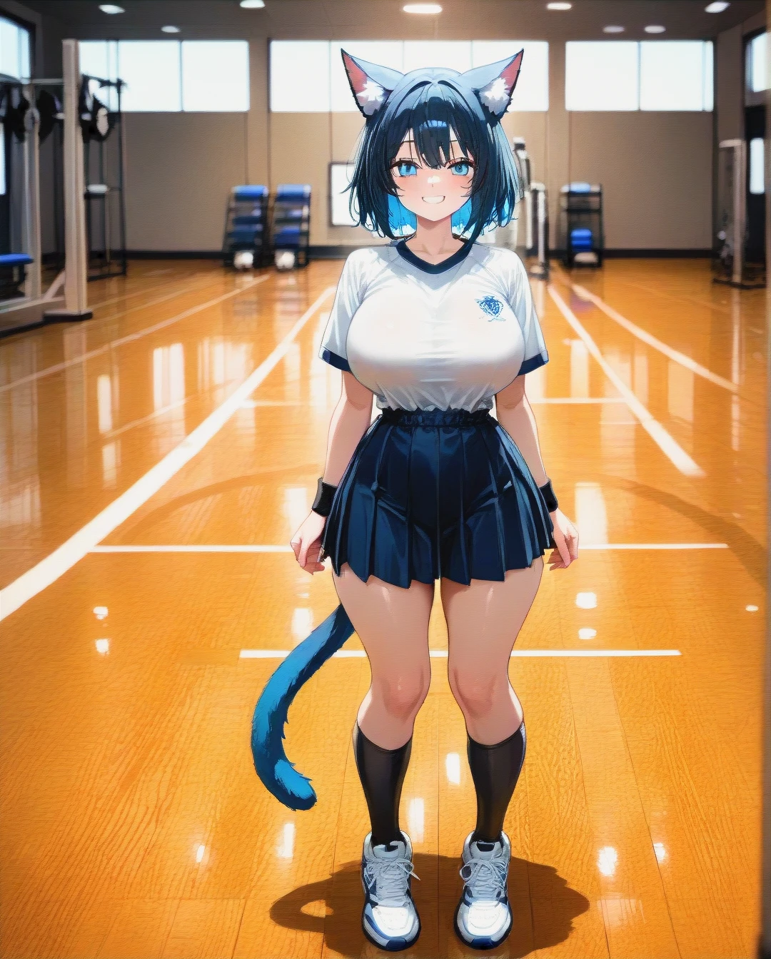 Anime cat girl, big chest, gym, athletic body, skirt, smiling, full body view