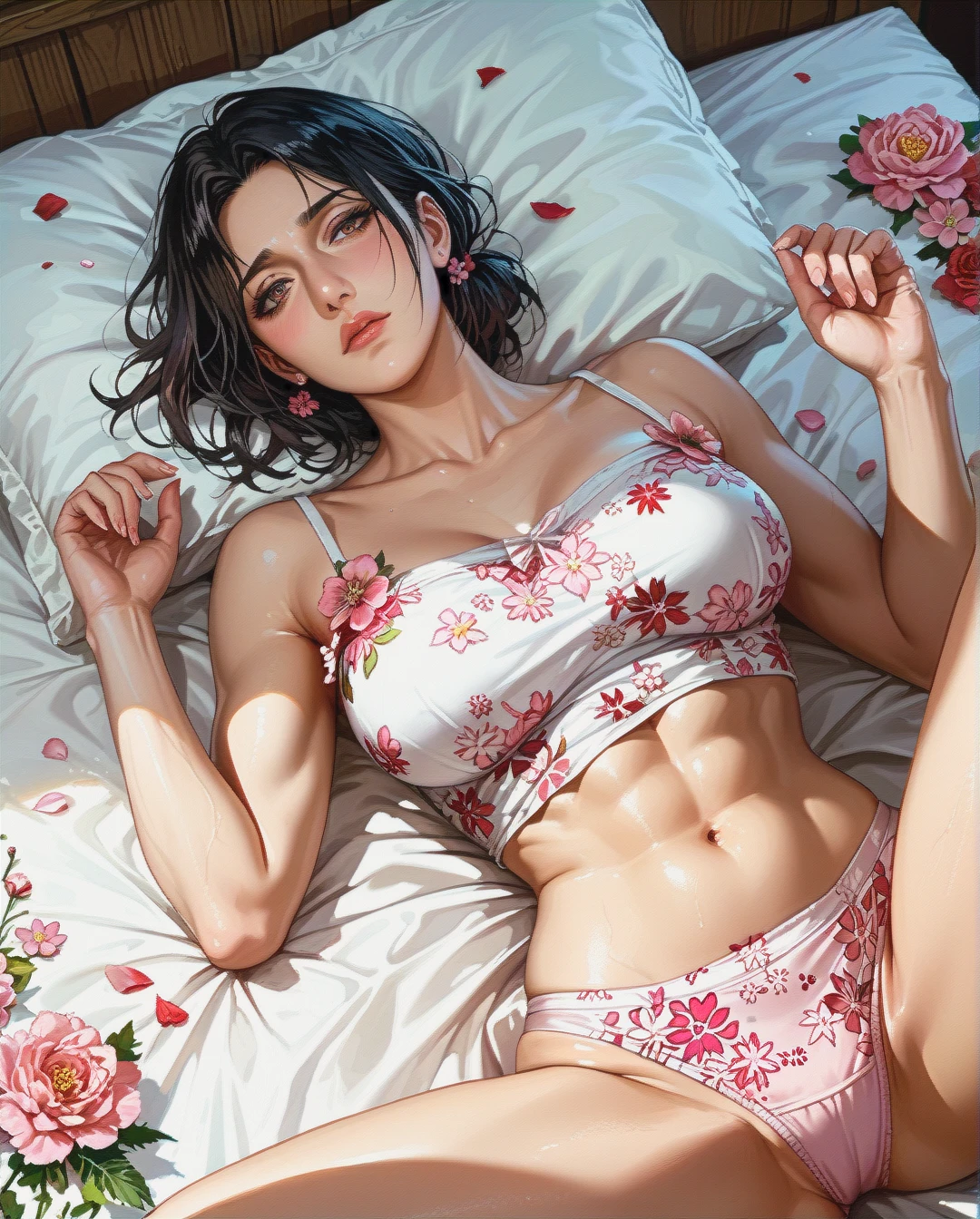 Jang sun young, attack on titan, crop top camisole pink floral, underwear pink floral, , mature,lying on bed spread leg,