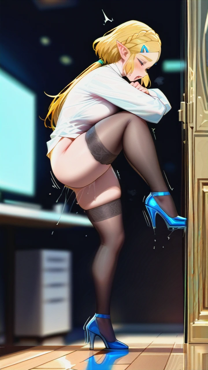 @princess_zelda, 1boy, , , , man fucking young woman in his office, blond hair, ponytail, smooth hair, beautiful hair, sexy, beautiful, gorgeous, shirt, (sex), sex standing up, carrying, (full_body), moaning, facing each other, blue heels,stockings,(leg_lift)