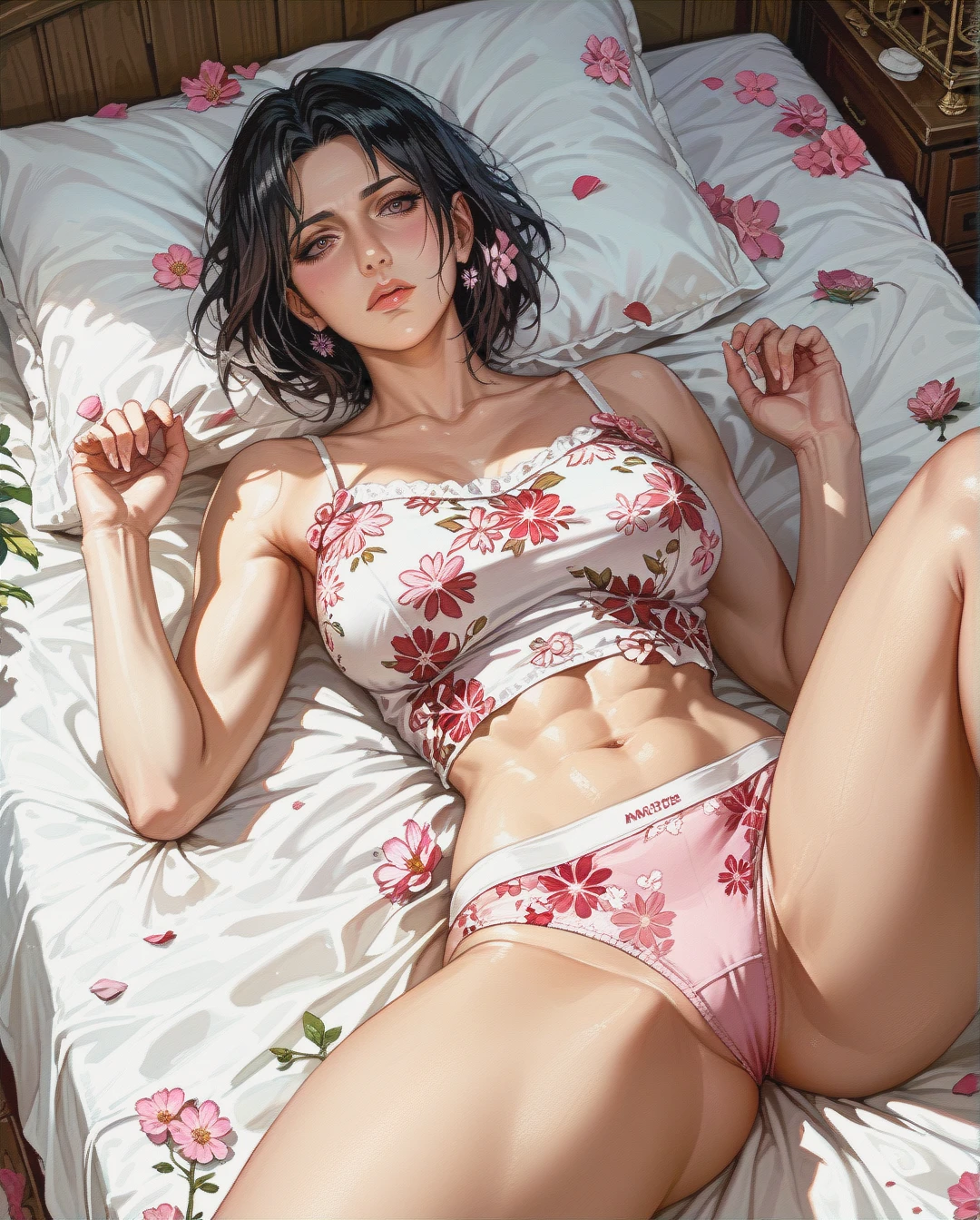 Jang sun young, attack on titan, crop top camisole pink floral, underwear pink floral, , mature,lying on bed spread leg,