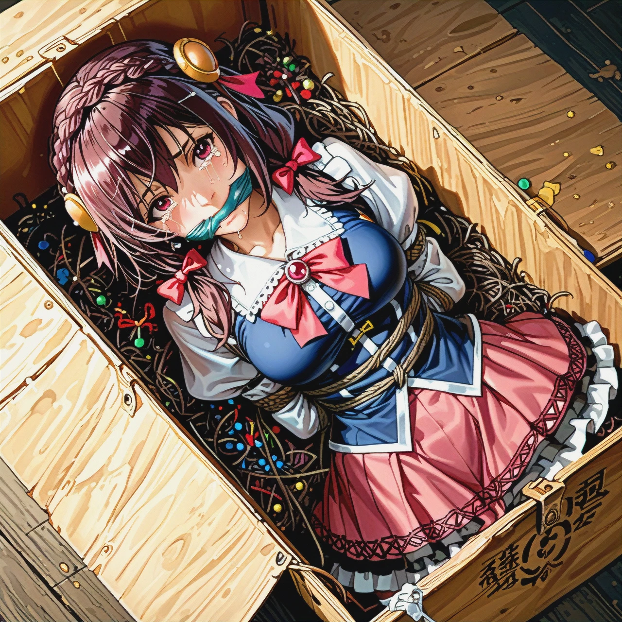 @yunyun, dressed, tied up, lies at the bottom of a wooden box, gagged. crying. At full height.