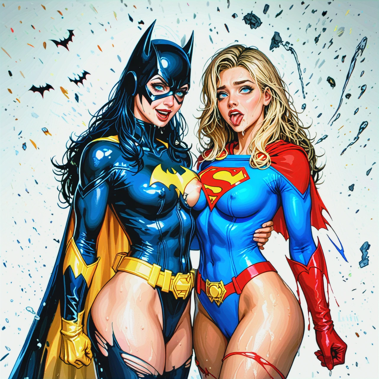 @batgirl @supergirl (light_areolae) (selfiemirror) (ahegao) torn clothes (asymmetrical_docking) (full_body)