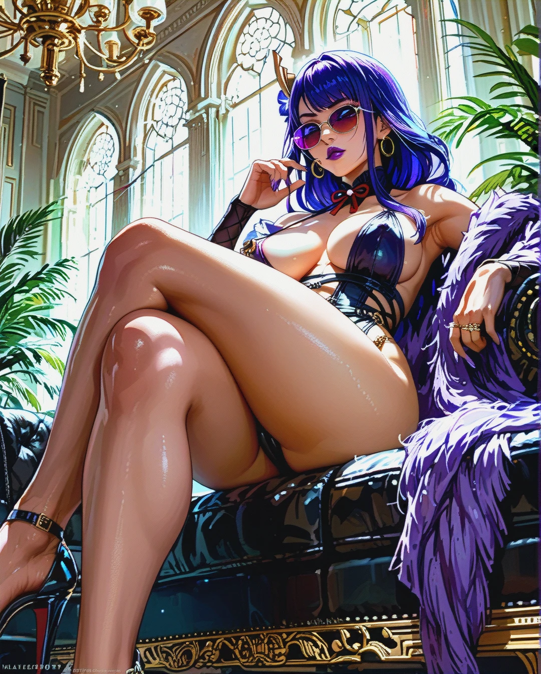 raiden shogun completely nudesitting on the sofa,sunglasses,double crossed legs,black high heels,Nipple rings,low angle,purple lipstick,purple fur shawl,