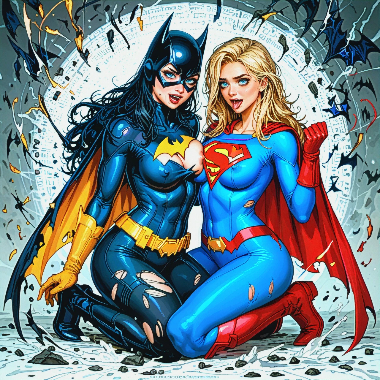 @batgirl @supergirl (light_areolae) (selfiemirror) (ahegao) torn clothes (asymmetrical_docking) (full_body)