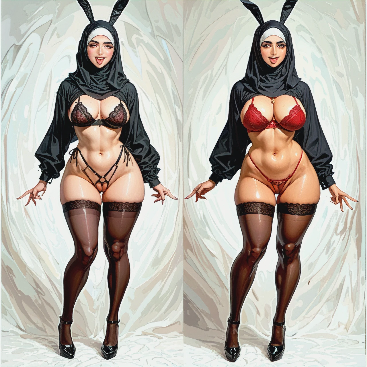 red bra , big tits, arabic girl with hijab waist thong ,(v_over_eye) ,(cupless_bra) ,bunny girl , ,tongue out,black hair,(full_body) ,surround fat man, surround penis,wink,crotchless,stockings, {{{masterpiece}}}, {{{best quality}}}, {{ultra-detailed}}, {illustration}, {{an extremely delicate and beautiful}}, (facial) Hypnotized face