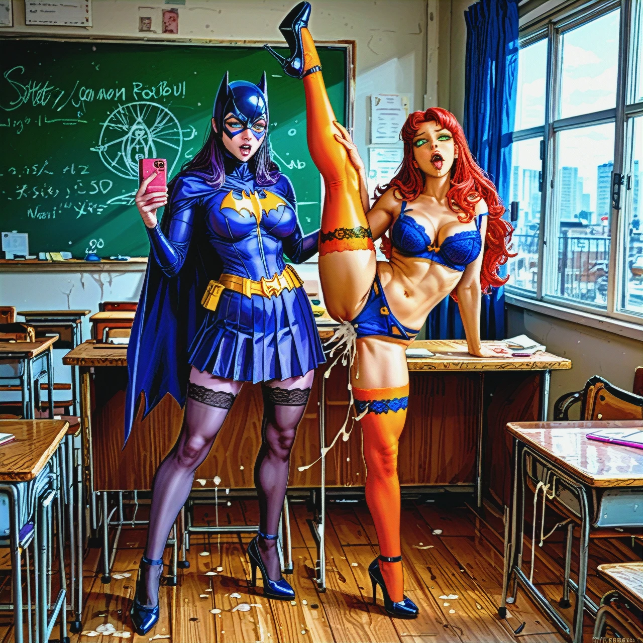 @raven @starfire @batgirl (full_body) stockings, heels 3 girl (bra_lift) school uniform, school, classroom (standing_split) selfie (ahegao) (bikini_pull) (cum_in_mouth)