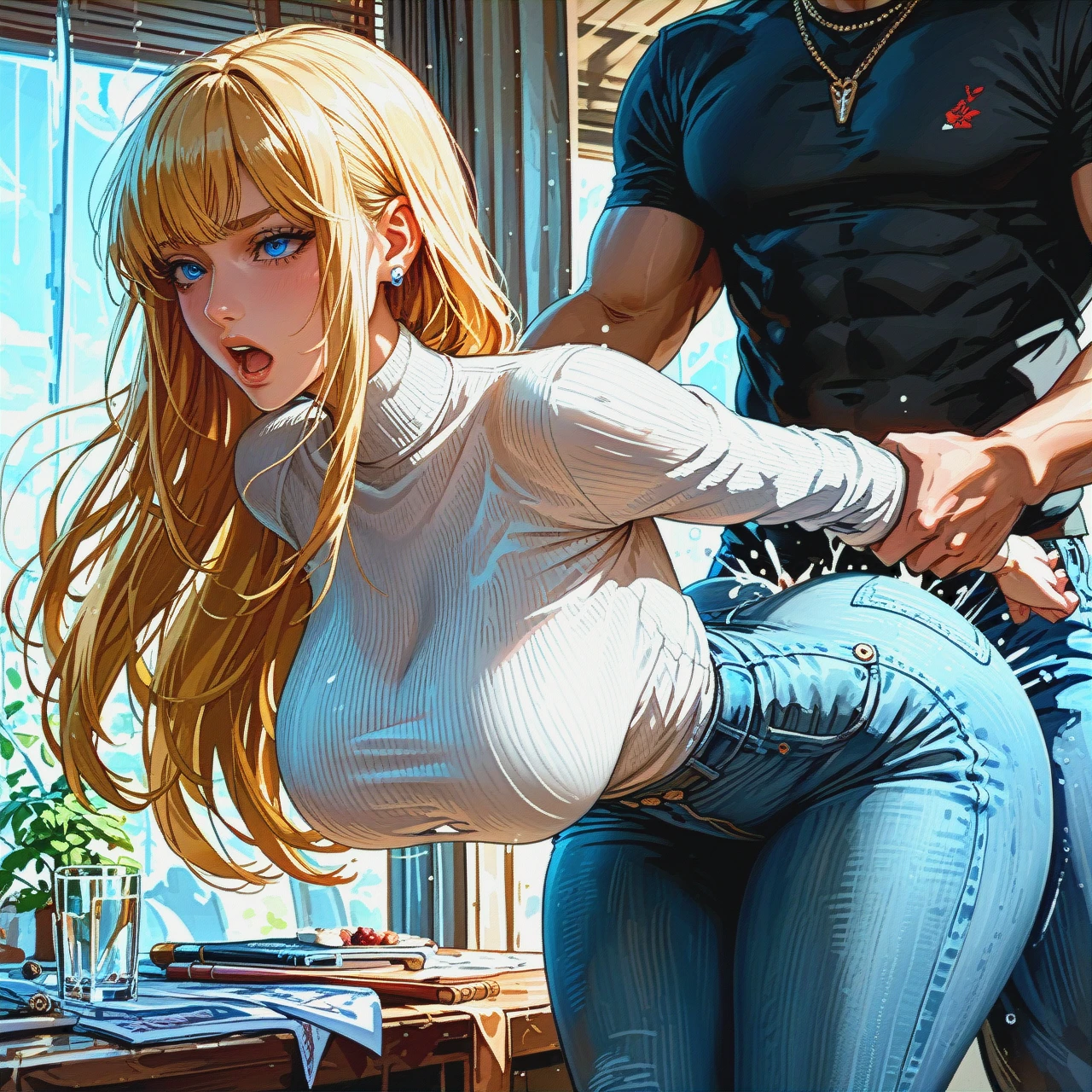 blonde hair, blue eye, petite girl, bangs, large breast, bubble butt, fake ass, bulging ass, tight cloths, deep ass crack, hour glass figure, curvy, standing doggystyle, triceratops doggystyle, arms held behind back, heavy orgasm face, breast bouncing, fucked by, long jeans