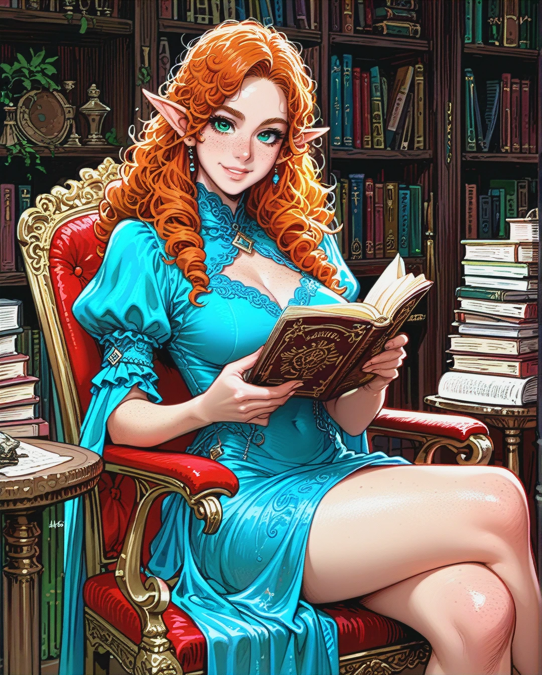 Elf woman, curly ginger hair, freckles, pointy ears, smiling, looking at viewer, curvy figure, low cut blue dress, sitting in chair, reading, bookshop, fantasy