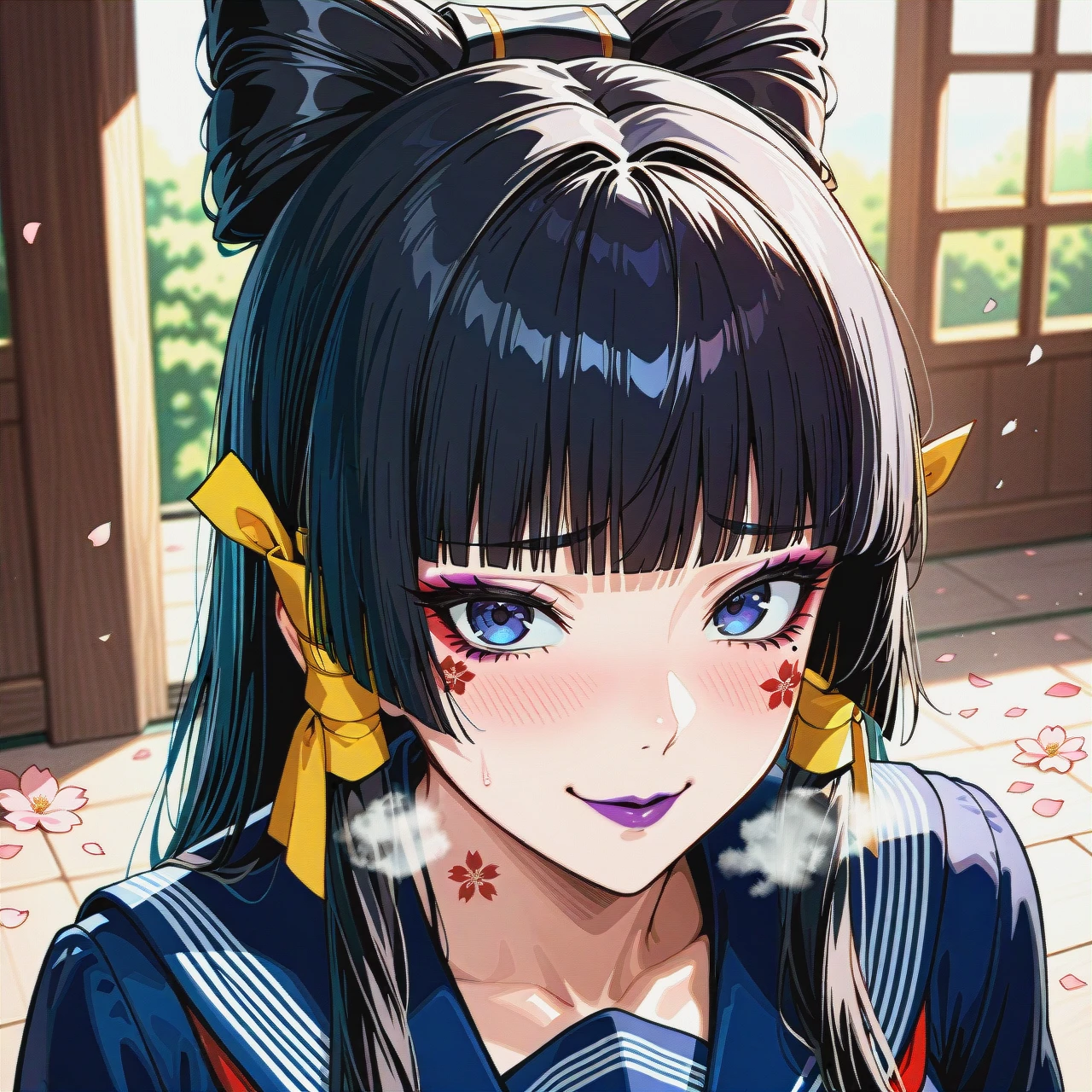 , Hana from onmyonji, 1 girl, blue eyes, ( , ancient japan, black stoking, black hair, long hair, purple lipstick, sakura, petals, flower mark tattoo, (makeup), (heavy_breathing), (shy), (evil_smile), (lipstick), @nyotengu, bun hairstile, geisha stile, hair bow, hair knot, school uniform, seilorfuku