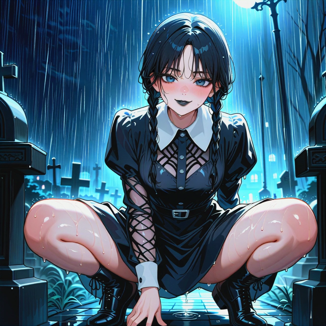 Wednesday Addams, beautiful, detailed, black dress, black lipstick, raining, night, cemetery, wet clothes, wet hair, wet skin, blush, smile, squatting, spread legs, pussy