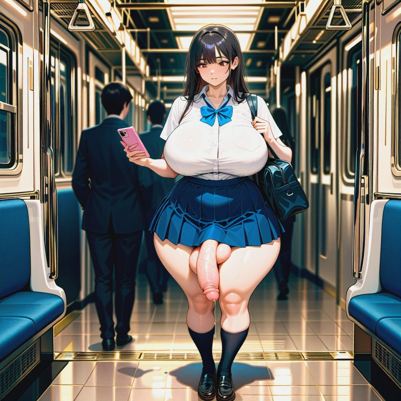 Japanese,1 futanari, 1girl, hyper penis, hyper balls,flaccid,leaking precum, standing,crowded train,sorounded by women, looking at phone,carrying school bag,schoolgirl uniform ,plump ,huge ass, very wide hips, thick thighs, huge breasts ,breasts bigger than head, full body view ,front view