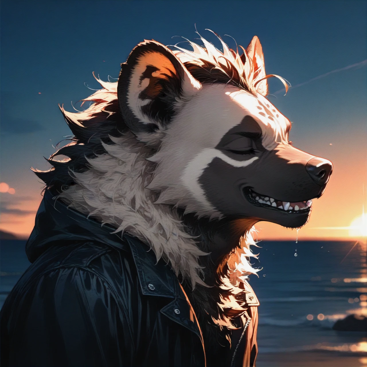 Male anthro hyena in black clothes floating limply in the air with closed eyes and a gentle smile surrounded by abstract waves of color