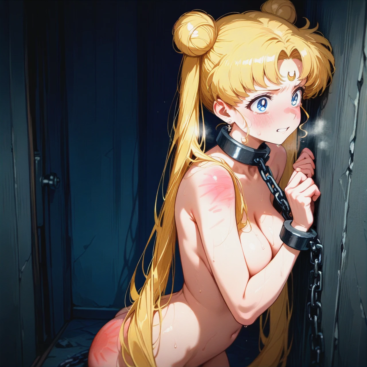 @tsukino_usagi (medium_breasts) destroyed school uniform, (pain), nude, dark room, Cold, dark atmosphere, in jail, chained on a wall, Slap Marks on body