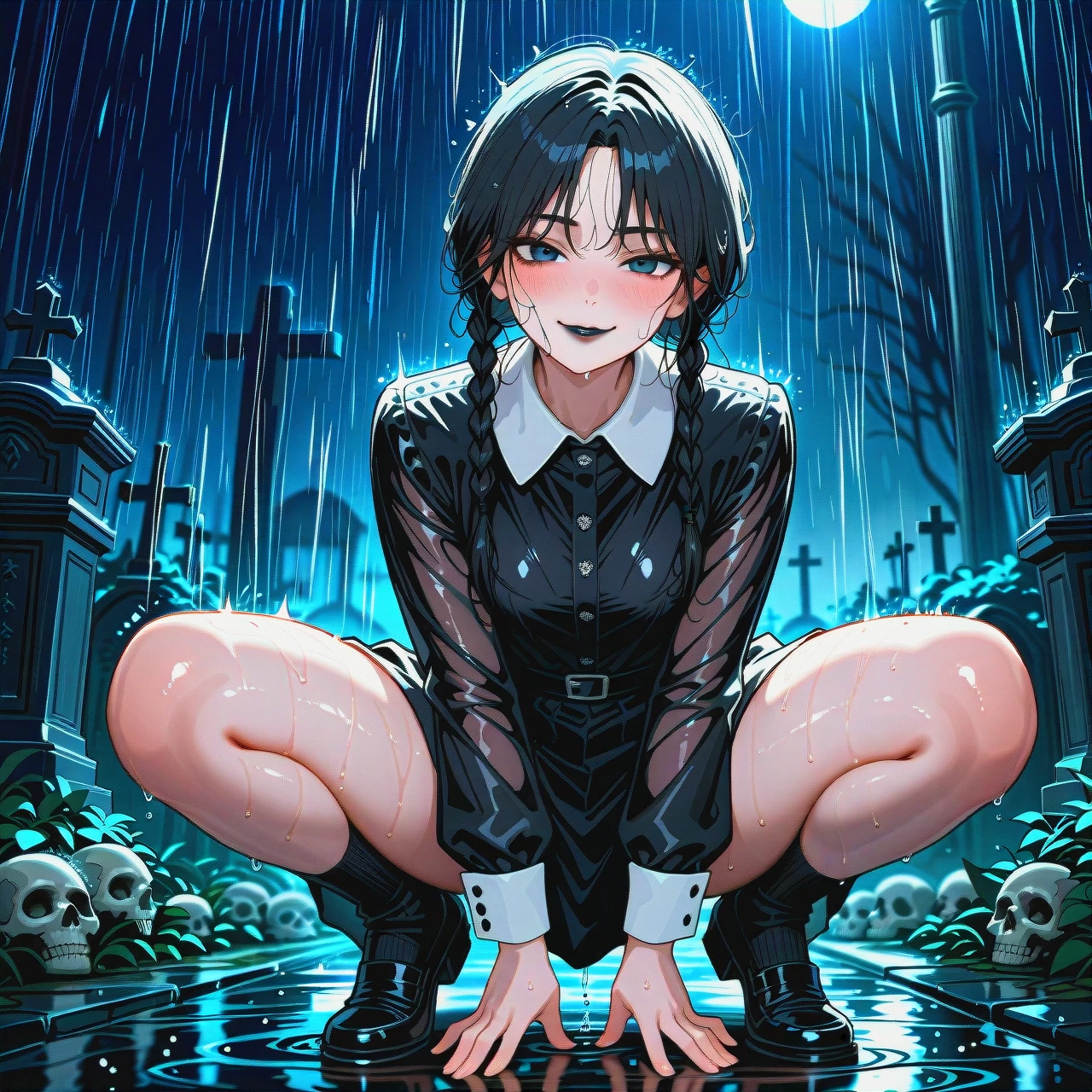 Wednesday Addams, beautiful, detailed, black dress, black lipstick, raining, night, old cemetery, wet clothes, wet hair, wet skin, blush, smile, squatting, spread legs, (skull_fucking)