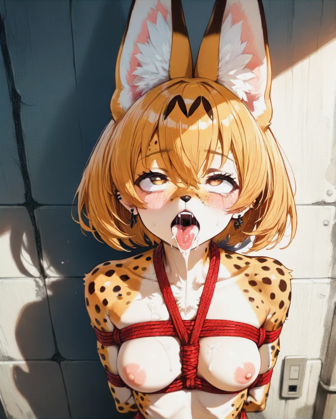 Furry, serval, female, tall and skinny body, piercing ears, shibari, mess of cum, ahegao