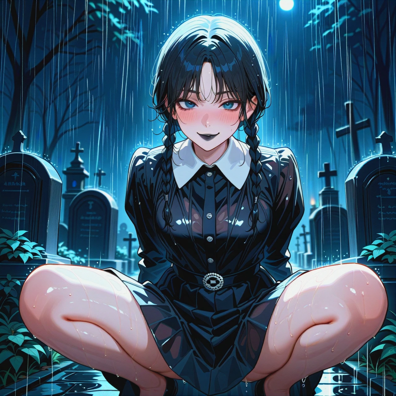 Wednesday Addams, beautiful, detailed, black dress, black lipstick, raining, night, cemetery, wet clothes, wet hair, wet skin, blush, smile, squatting, spread legs,