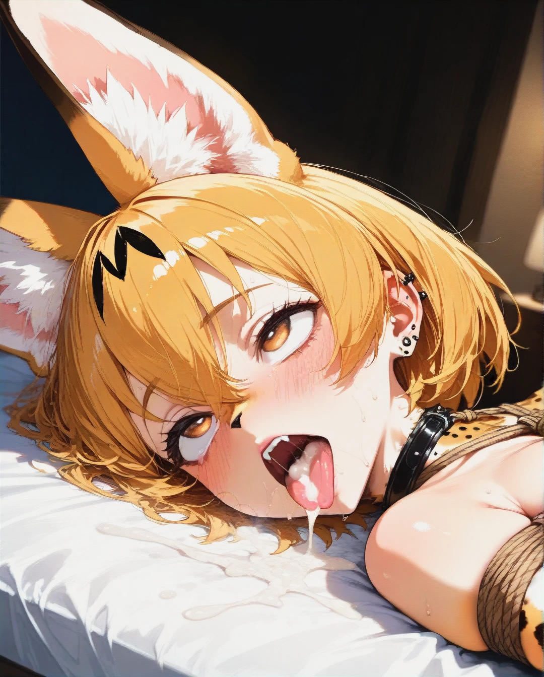 Furry, serval, tall and skinny body, piercing ears, shibari, mess of cum, ahegao, lying on bed, see all body