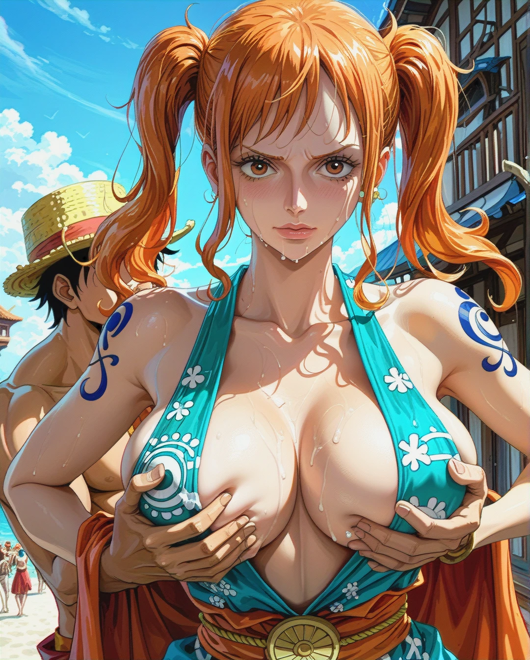 @nami,twintails attack on titan, mature,face , groping breasts from behind , by @monkey_d_luffy ,wano kingdom clothes