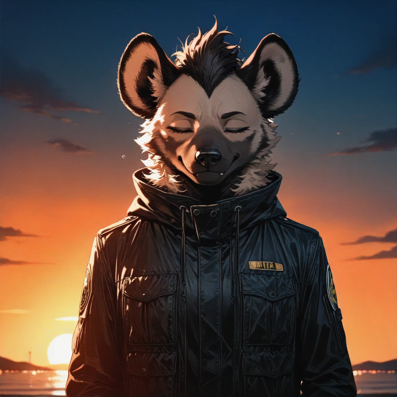 Male anthro hyena in black clothes floating limply in the air with closed eyes and a gentle smile surrounded by abstract waves of color