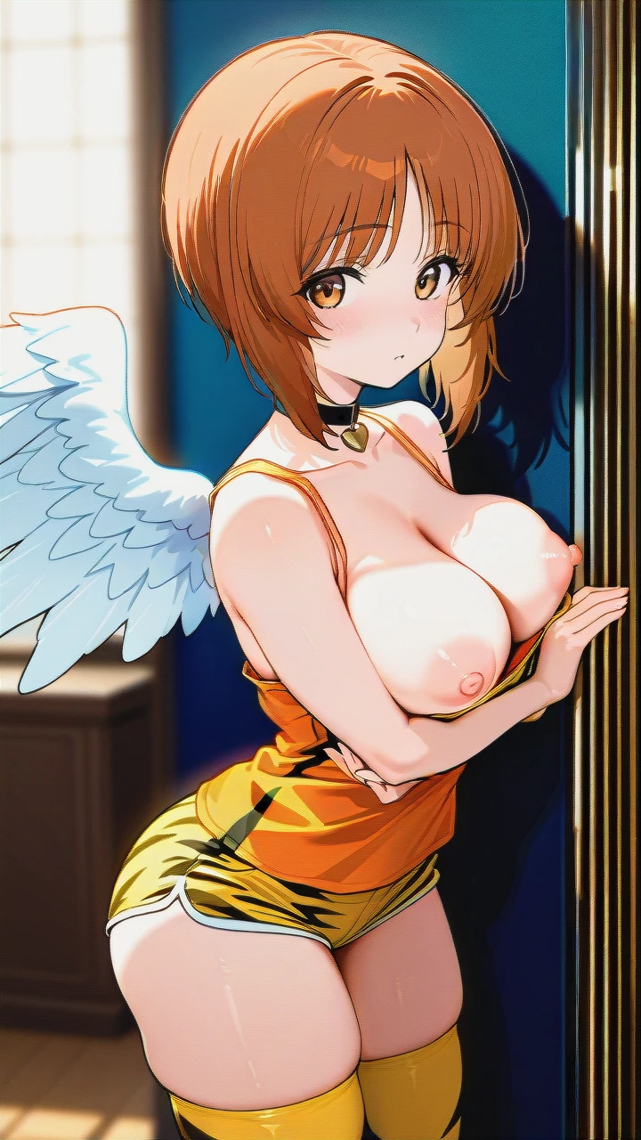 2 girls, (arm_hug),nishizumi_miho and lum orange Tank-top  Heart choker browneyes angled angel wing upper thighhighs sex big nipples, on wbikiniaist throat,looking at viewer,cowboy_shot