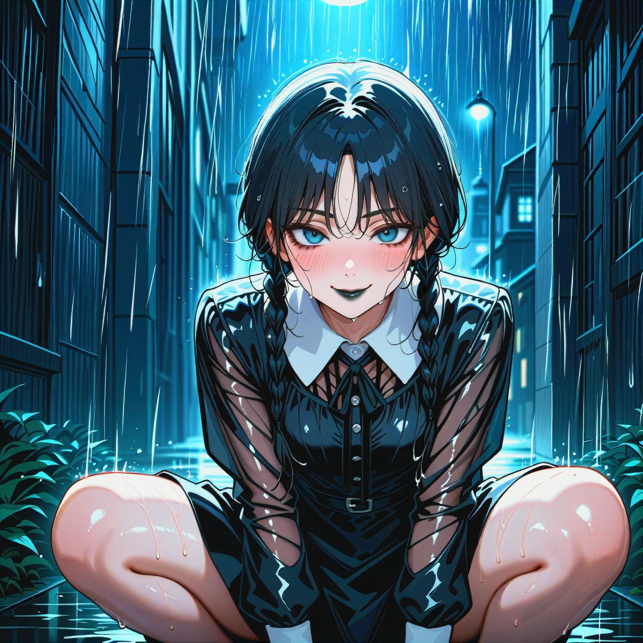 Wednesday Addams, beautiful, detailed, black dress, black lipstick, raining, night, fogoten cemetery, wet clothes, wet hair, wet skin, blush, smile, squatting, spread legs, (skull_fucking)