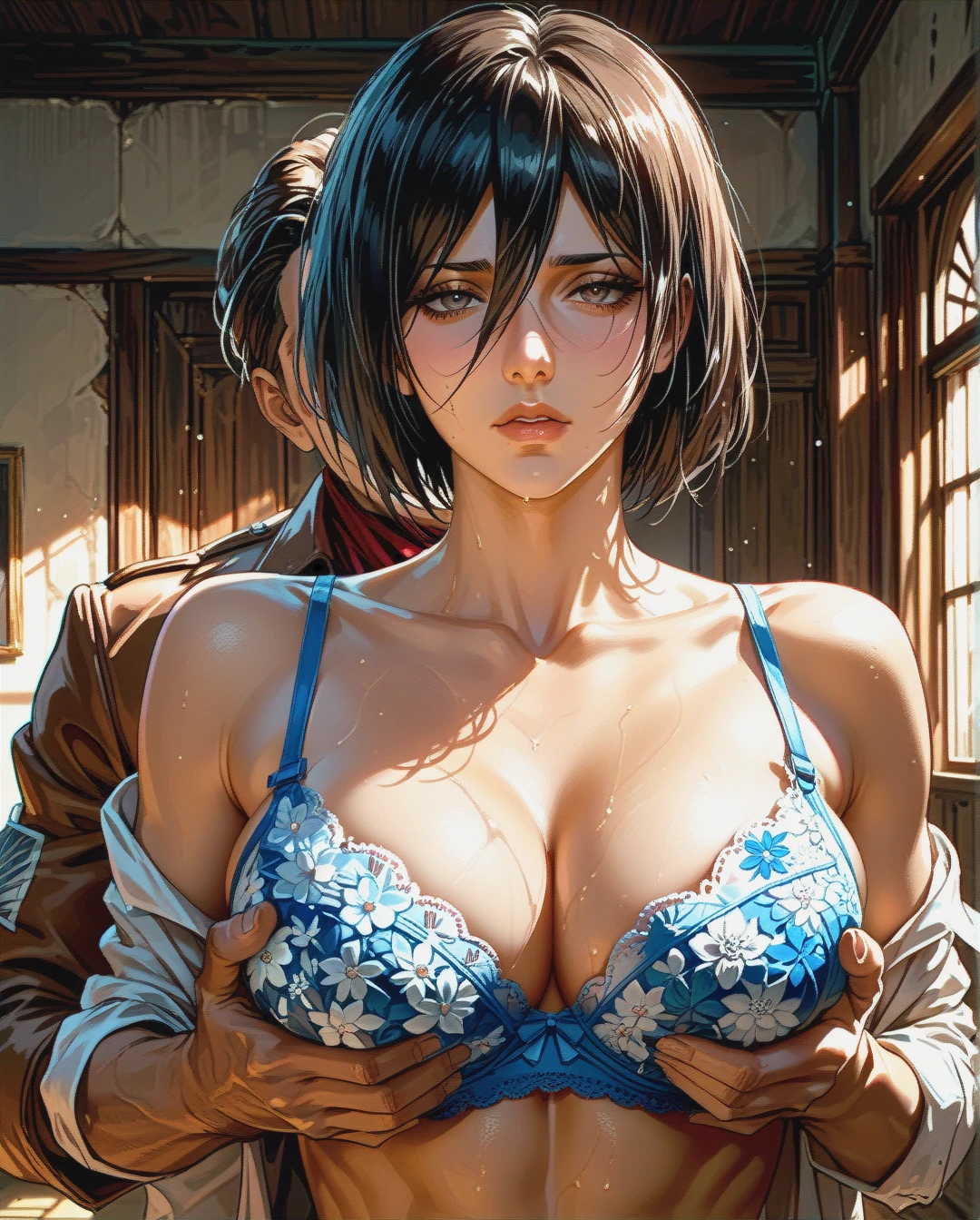 Mikasa, attack on titan, mature,face , groping breasts from behind , floral bra,medium chest