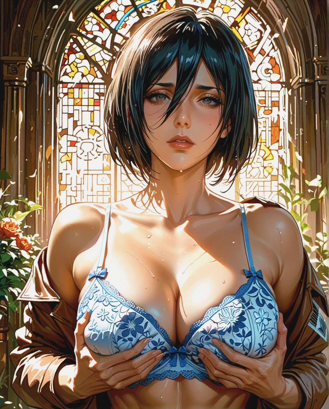 Mikasa, attack on titan, mature,face , groping breasts from behind , floral bra,medium chest