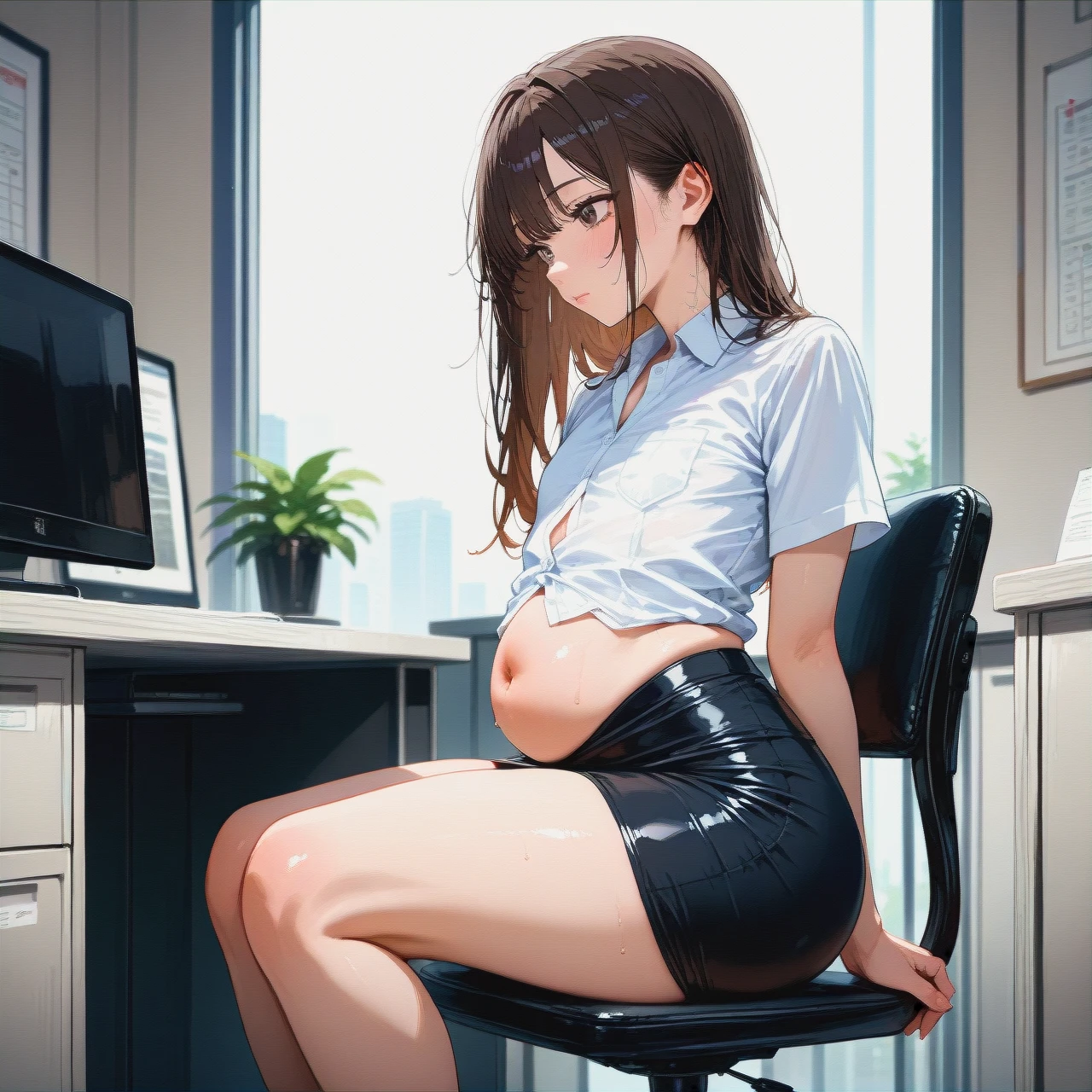 Super flat chest, wide hips, round ass, soft belly, very long dark brown hair, dark brown eyes, white shirt, pencil skirt, workplace, sitting on chair,