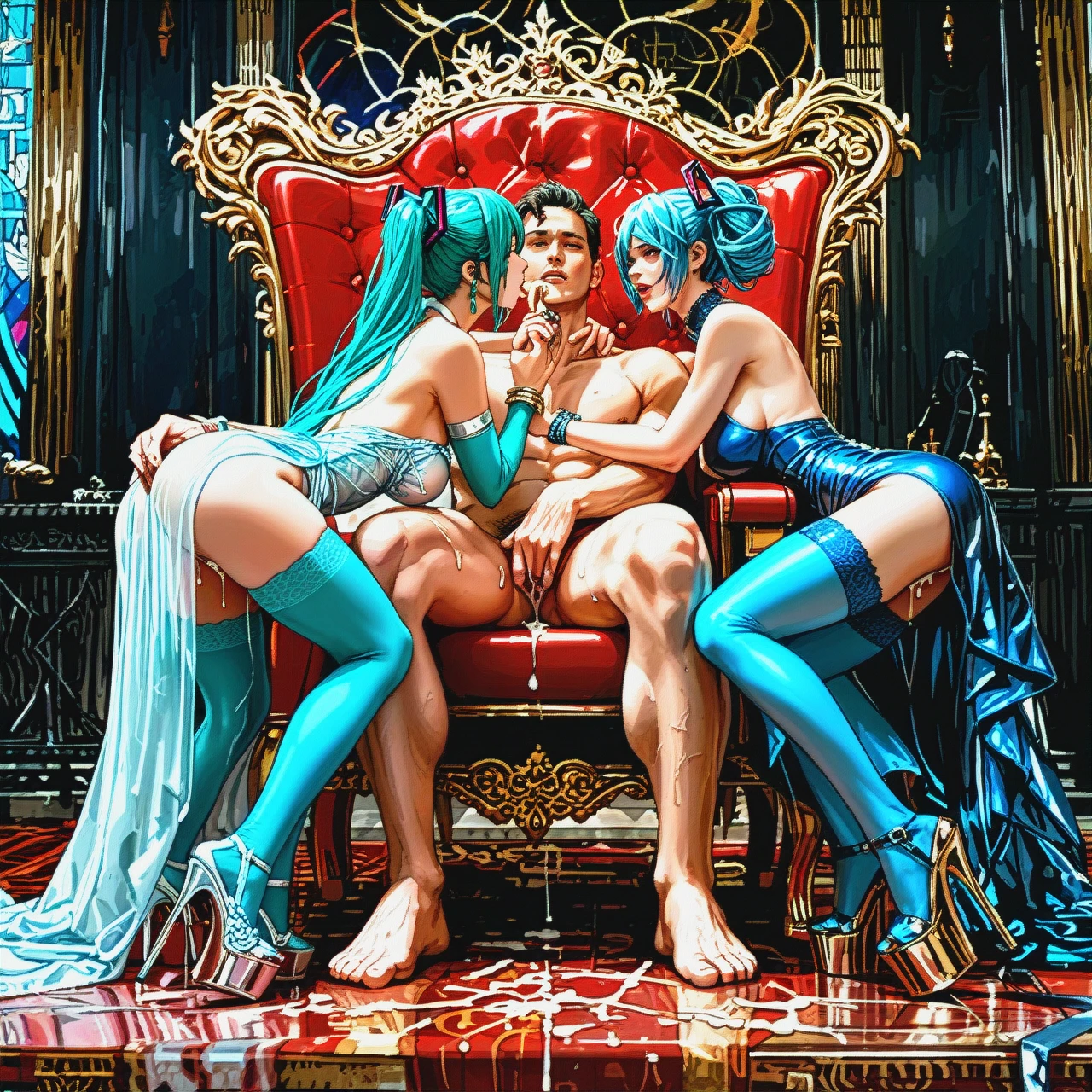 threesome,2girl,1boy, threesome,2girl,1boy bbc_blowjob, anal_fingering, cum_on her body, firm_breasts,perky_boobs, silk_gown,blue_stockings,miku_hatsune,bracelets,platform_heels, restrained, throne_room, semi-realistic, well-lit