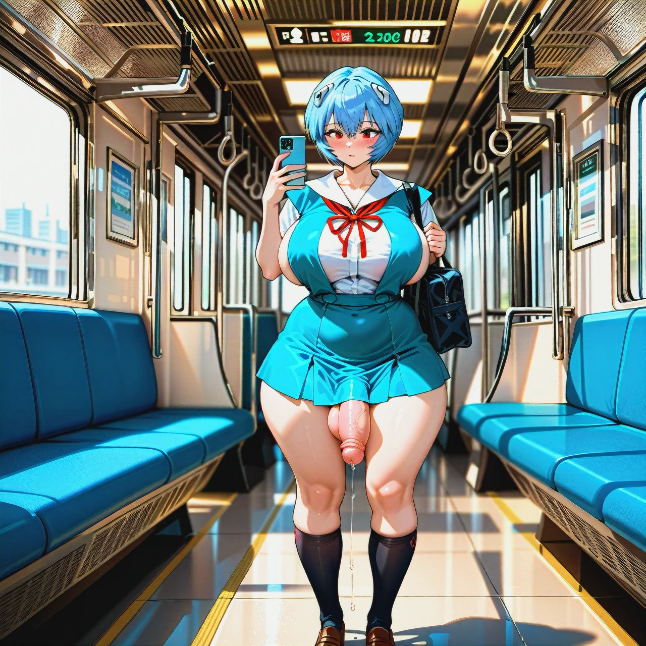 Japanese,1 futanari, @ayanami_rei cosplay, hyper penis, hyper balls,flaccid,leaking precum, standing,crowded train,sorounded by women, looking at phone,carrying school bag,schoolgirl uniform ,plump ,huge ass, very wide hips, thick thighs, huge breasts ,breasts bigger than head, full body view ,front view