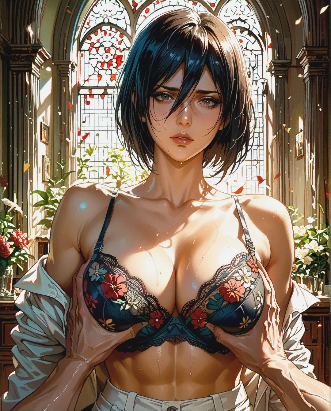 Mikasa, attack on titan, mature,face , groping breasts from behind , floral bra,medium chest