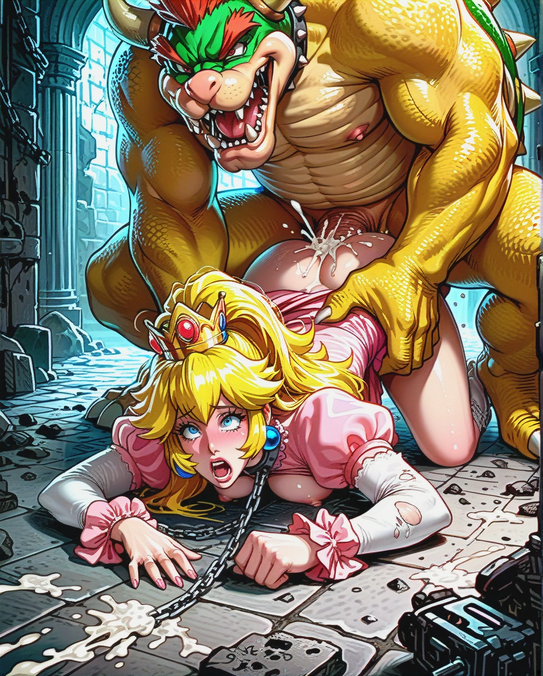 princess peach, screaming, on all fours, destroyed clothes, exposed breasts, chained to floor, anal sex, head pressed against floor, huge bowser, extreme massive bulging hyper penis bigger than arm, massive swollen balls, cum in ass, dungeon