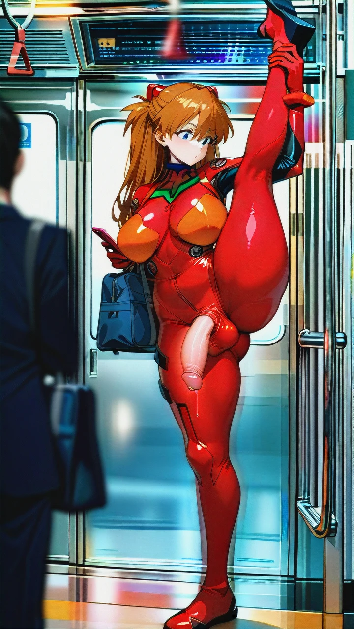 Japanese,1 futanari, standing_split, errction,  @asuka_langley_soryu, neon genesis evangelion plugsuit bodysuit, hyper penis, hyper balls,flaccid,leaking precum, standing,very crowded train,sorounded by women, looking at phone,carrying school bag, plump ,huge ass, very wide hips, thick thighs, huge breasts ,breasts bigger than head, full body view ,front view