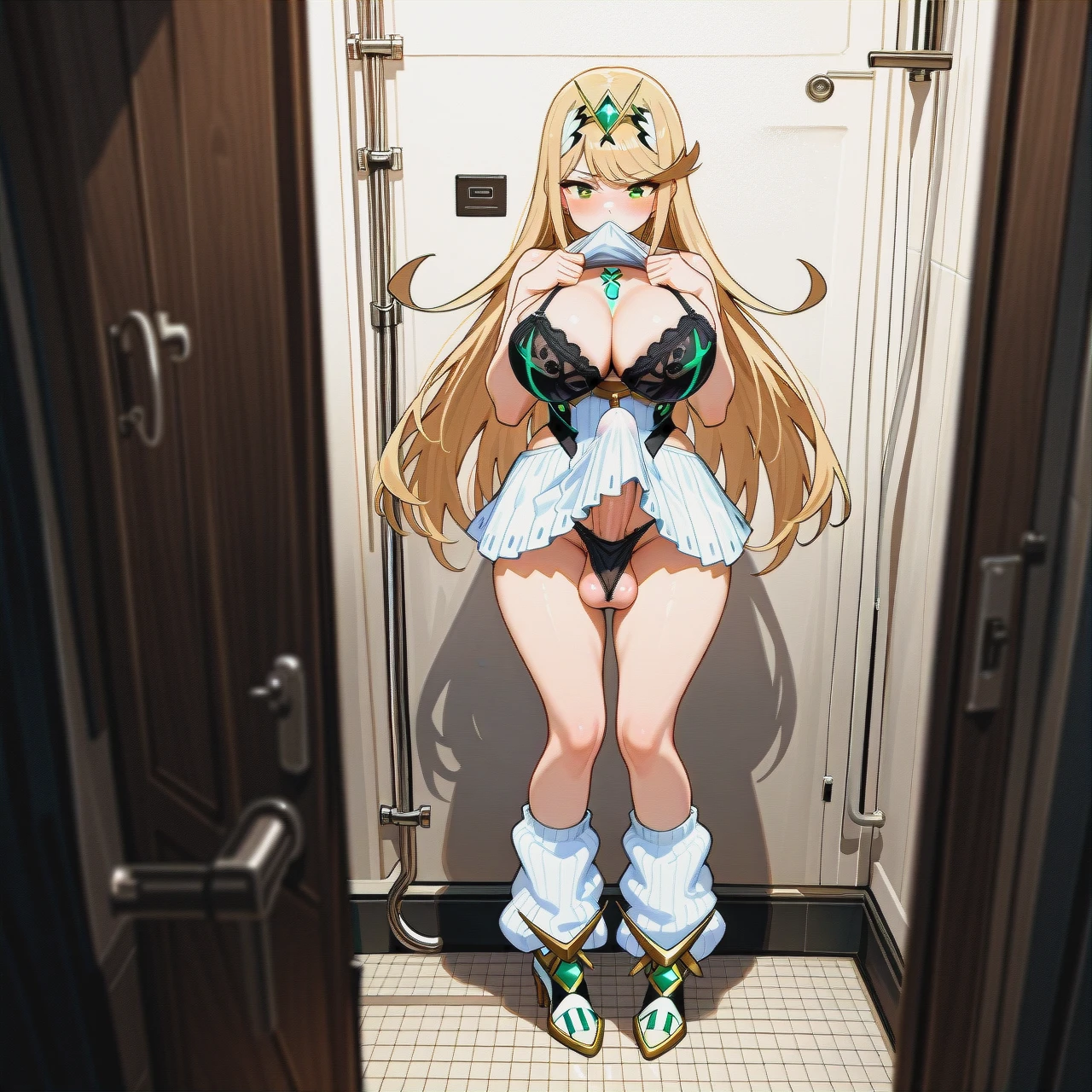 1 girl male_futanari,@mythra, a girl testicle_sucking, ,big_areolas, arms,big_breast,squeezing_pecs, white_dress,leg_warmers,shaped_jewelry,Bra, dressed,anklets,black_panties,heels, bathroom_stall, well