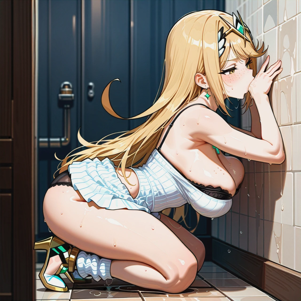 1girl,@mythra, solo, a girl facefuck, sucking, massive_facial, freckles,big_areolas, arms,big_breast,squeezing_pecs, white_dress,leg_warmers,shaped_jewelry,Bra, dressed,anklets,black_panties,heels, bathroom_stall, well