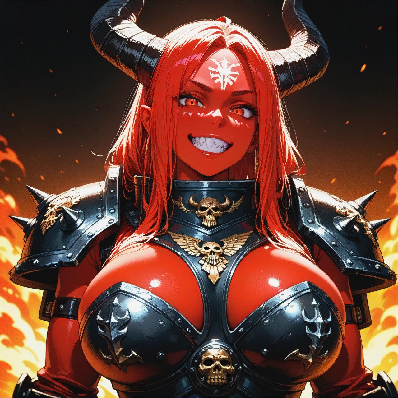 1girl, daemon Prince, red skin, (grin), warhammer 30k, female daemon Prince, Khorn, horns, sharpen teeth, (breastplate), (huge_breasts)