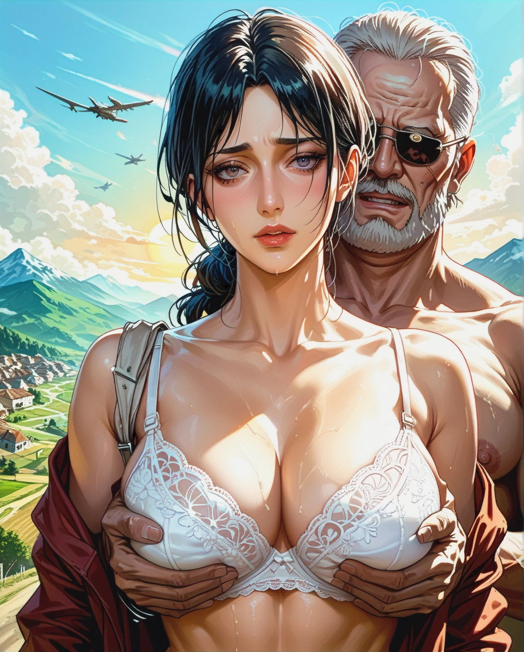 Jang sun young, attack on titan, mature,face ,white bra underwear, ,at top mountain,groping breasts by oldman