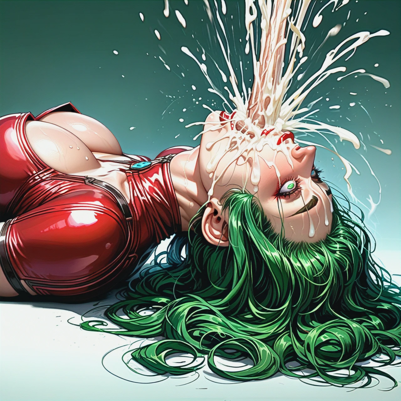 Futanari She-hulk, Scarlet Witch, huge tits, rolling eyes, lying on ground, head back, reverse deephtroat, huge dick, big balls, head between legs, excessive cum, throat bulge, frontal view, manga-style