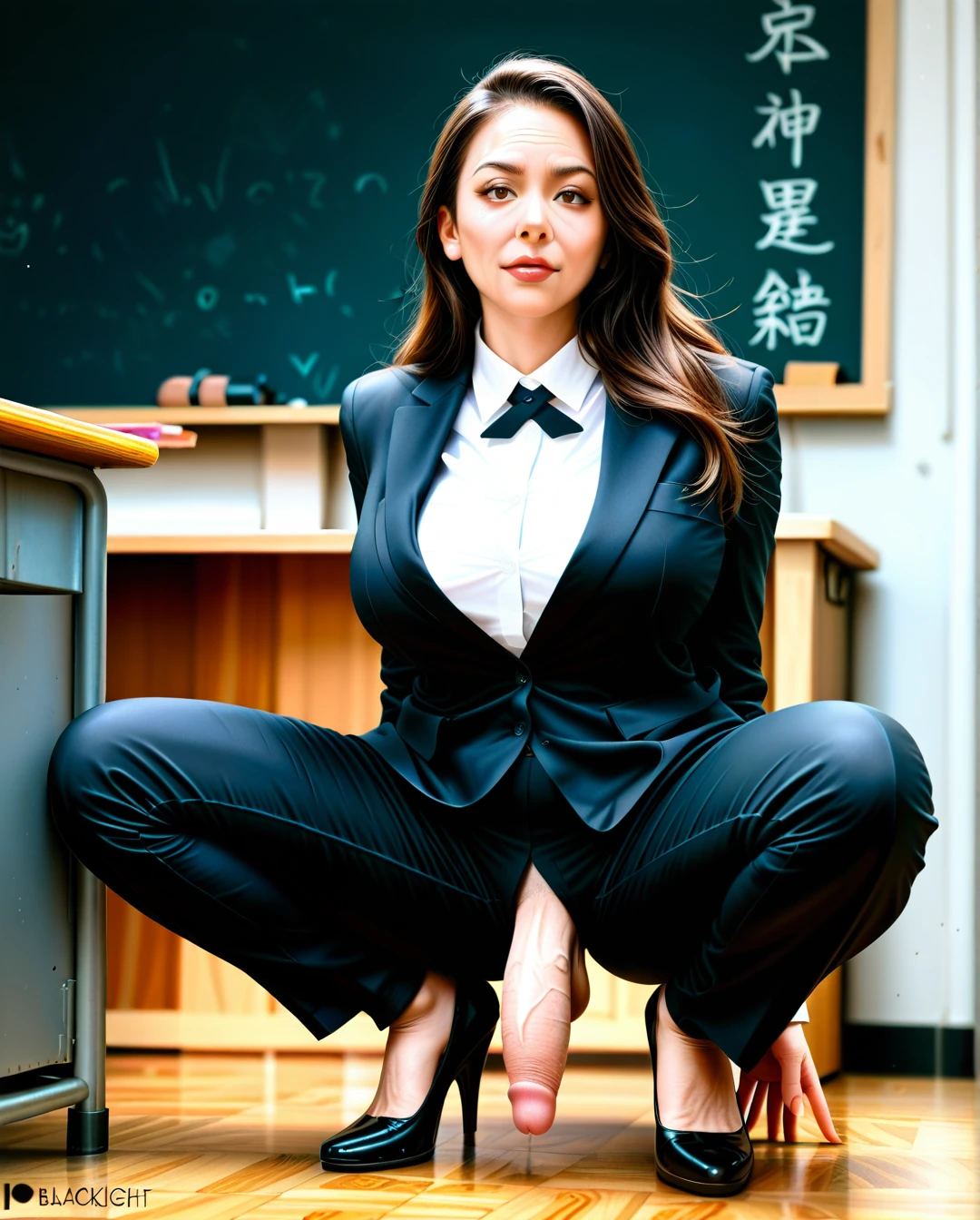 fat (mature_female) (full-package_futanari), fat eyebrows, (brown_eyes), classroom, black long sleeve buttoned-up suit, black tie, black lowered long wide trousers, black high heel pumps, penis out, (squatting)