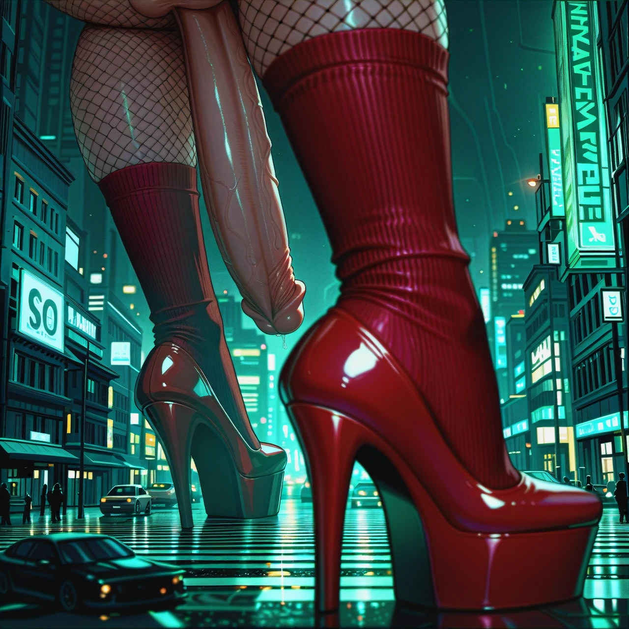 @scarlet , (giant), high platform red heels,high  red socks, (gigantic_breasts) ,city,(futanari), big penis, fishnet costume, anal penetration, massive ass, cars insertion