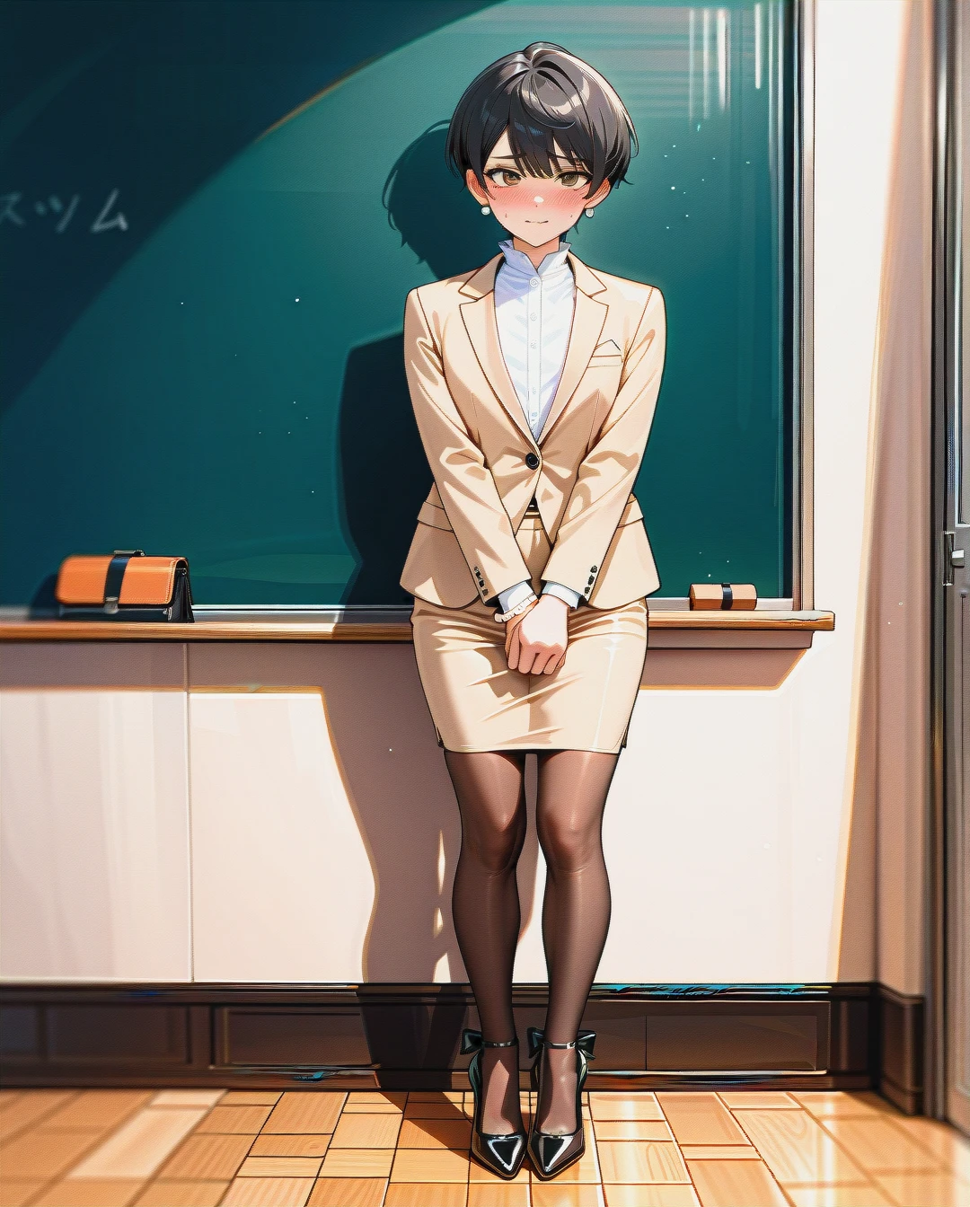 (fat), (futanari) (reverse_trap), flat chest, (shy), sweat, (brown_eyes), black pixie cut hair, (own_hands_together), standing, beige suit, pearl beads, white blouse, beige pencil skirt, brown stockings, pearl high heel pumps, classroom, blank chalkboard