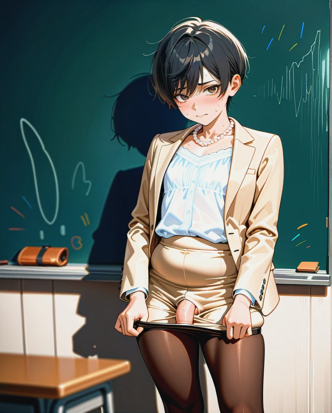 (fat), (futanari) (reverse_trap), flat chest, (shy), sweat, (brown_eyes), black pixie cut hair, (clothes_pull), standing, beige suit, pearl beads, white blouse, beige pencil skirt, brown stockings, pearl high heel pumps, classroom, blank chalkboard, holding a book