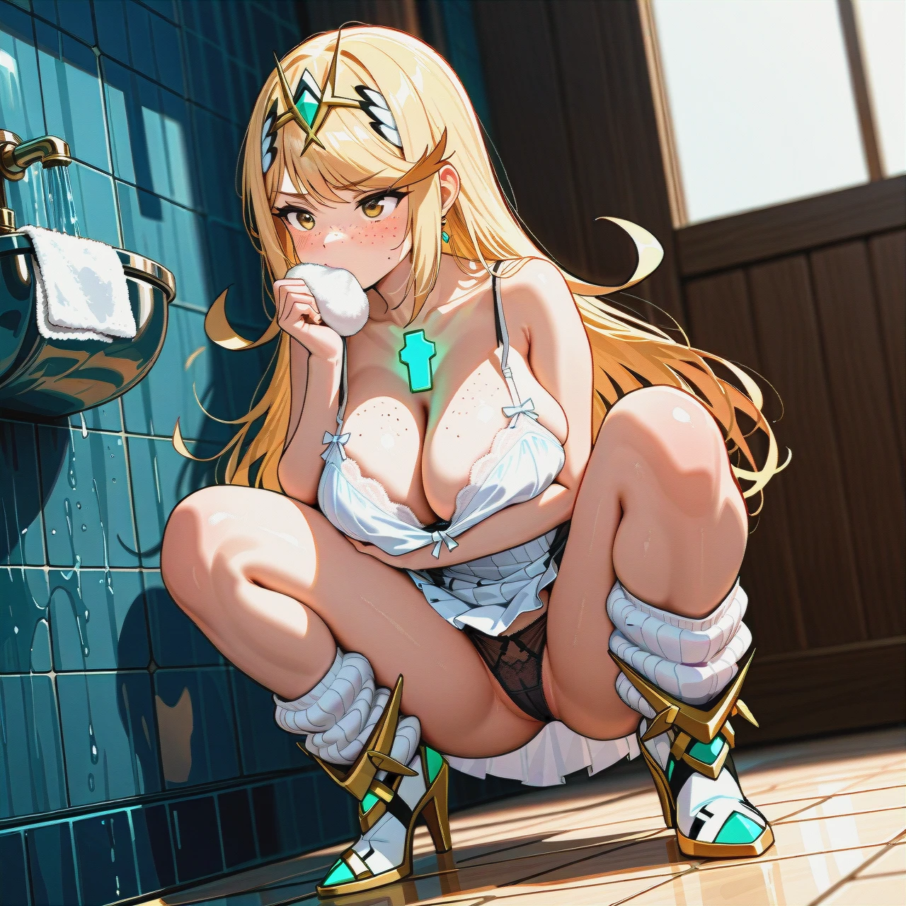 1girl,@mythra, solo, a girl facefuck, sucking, massive_facial, freckles,big_areolas, arms,big_breast,squeezing_pecs, white_dress,leg_warmers,shaped_jewelry,Bra, dressed,anklets,black_panties,heels, bathroom_stall, well