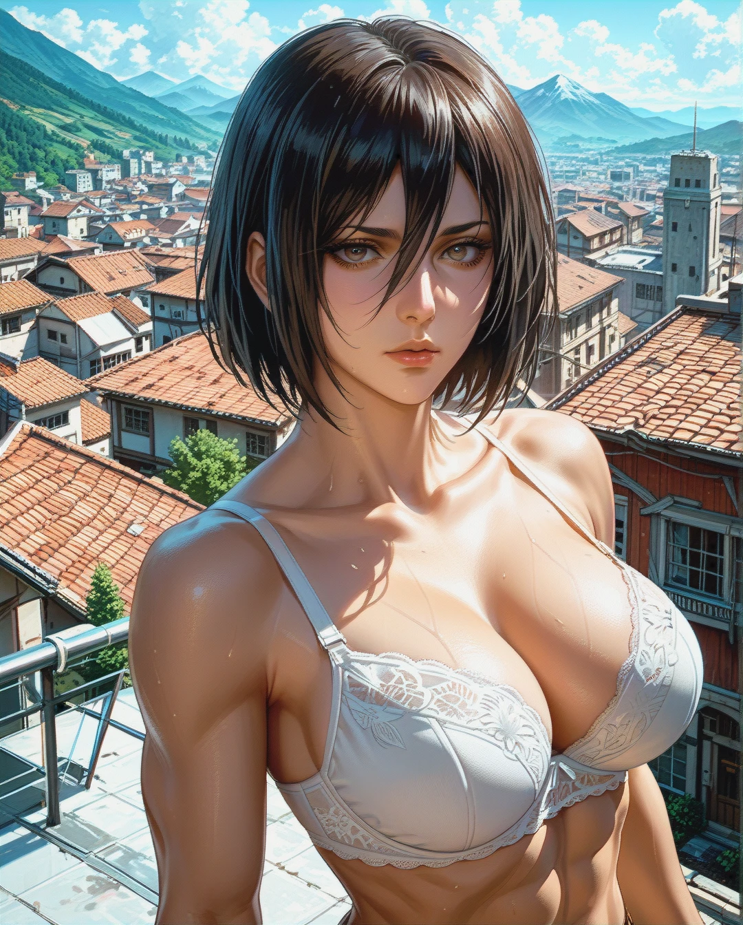 Mikasa, attack on titan, mature,face ,white bra underwear, rooftop building,at top mountain,