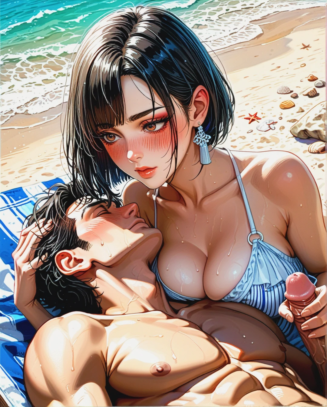 1boy, 1girl, (eyelashes), (eyeliner), beach,   (nose_blush), (blush), (ear_blush), (full_blush),  girl making handgob to teen boy, (handjob), (nursing_handjob), (reverse_nursing_handjob),