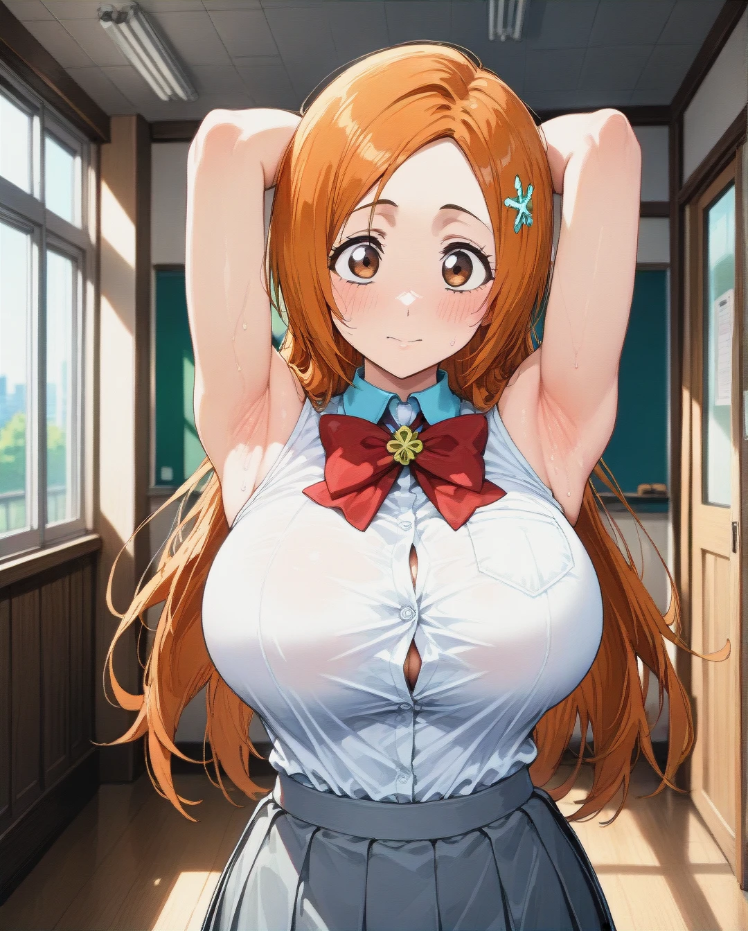 @inoue_orihime, (perfect face: 1,2), in school uniform, (full_body), standing, (armpits), front view