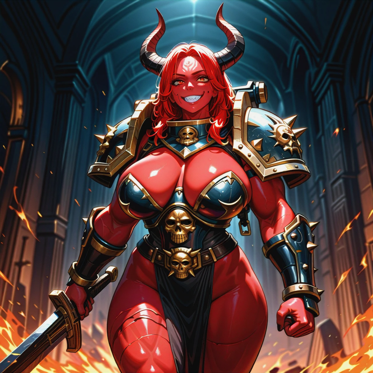 1girl, daemon Prince, red skin, (grin), warhammer 30k, female daemon Prince, Khorn, horns, sharpen teeth, (breastplate), (huge_breasts), (full_body), sword in hand, (muscular_female)