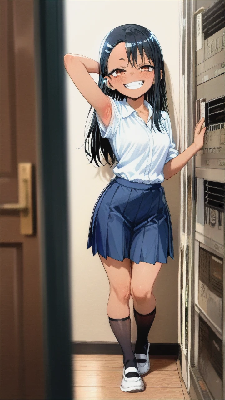 @nagatoro_hayase, (perfect face: 1,2), in school uniform, in shoes, (full_body), standing, (armpits), front view