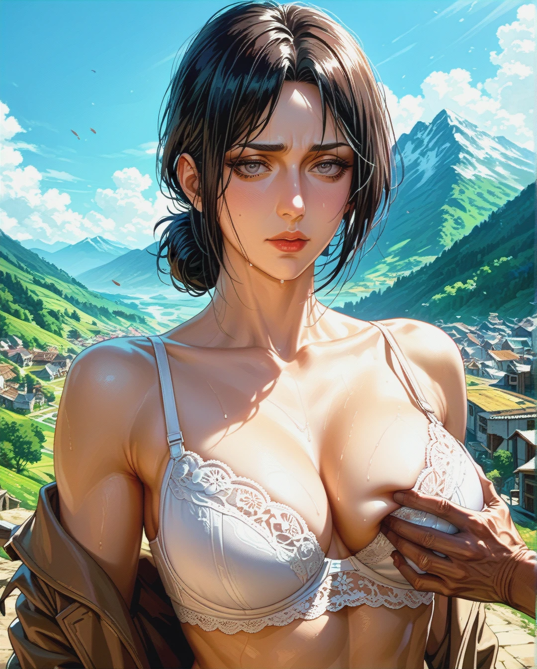 Jang sun young, attack on titan, mature,face ,white bra underwear, ,at top mountain,groping breasts by oldman